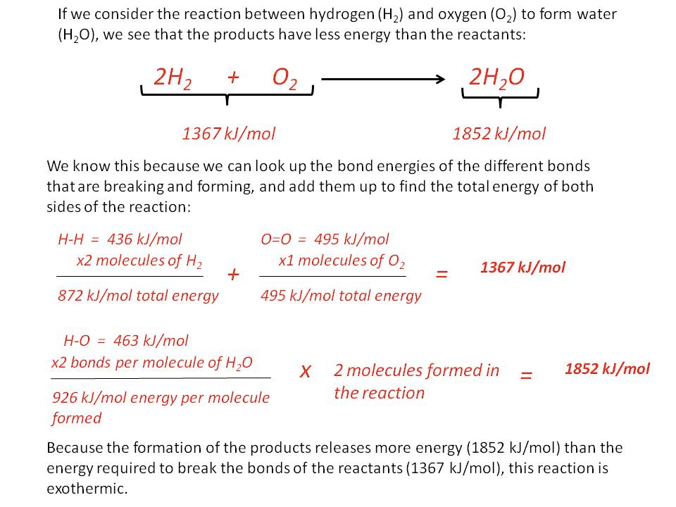 If we consider the reaction between hydrogen (1-12) and oxygen (02)
 to form water (H20), we see that the products have less energy than
 the reactants: 2/-12 + 02 13671<J/mo/ 2/-120 18521<J/mo/ We know
 this because we can look up the bond energies of the different bonds
 that are breaking and forming, and add them up to find the total
 energy of both sides of the reaction: = 436 kJ/mol x2 molecules of
 1-12 872 kJ/mol total energy H-o = 463 kJ/m01 = 495 kJ/m01 xl
 molecules of 02 495 kJ/mol total energy 1367 kJ/m01 x2 bonds per
 molecule of H20 926 kJ/mol energy per molecule formed X 2 molecules
 formed in the reaction 1852 kJ/m01 Because the formation of the
 products releases more energy (1852 kJ/mol) than the energy required
 to break the bonds of the reactants (1367 kJ/mol), this reaction is
 exothermic. 