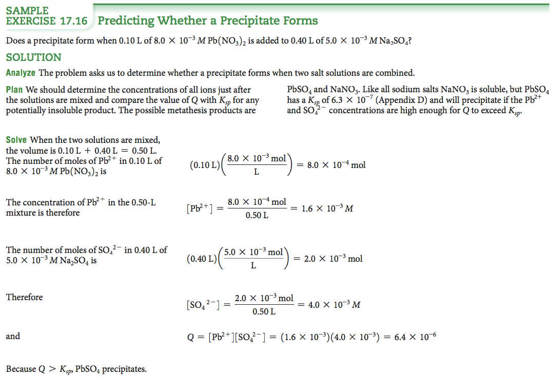 SAMPLE EXERCISE 17.16 Predicting Whether a Precipitate Forms Does a
 precipitate form when 0.10 L of 8.0 X 10—3 M is added to 0.40 L of 5.0
 X 10—3 M Na7SOd? SOLUTION Analyze The problem asks us to determine
 whether a precipitate forms when two salt solutions are combined. Plan
 We should determine the concentrations of all ions just after the
 solutions are mixed and compare the value of Q with Ksp for any
 potentially insoluble product. The possible metathesis products are
 Solve When the two solutions are mixed, thev01umeisO.10L + 0.40L =
 0.50L. The number of moles of Pb2+ in 0.10 L of 8.0 X The
 concentration of PV in the 0.50-L 8.0 X lo- (0.10 L) mol mixture is
 therefore The number of moles of SO? — 5.0 X 10-3MNaS04is in 0.40 L of
 8.0 X 10-4m01 Pb2+ = 0.50 L 5.0 X 10-3m01 (0.40 L) PbS04 and
 NaN03. Like all sodium salts NaN03 is soluble, but PbS04 has a K of
 6.3 X 10—7 (Appendix D) and will precipitate if the Pb2+ and SOd —
 concentrations are high enough for Q to exceed K = 8.0 X 10-4m01 = 1.6
 X lo- M mol — 2.0 X lo- Therefore Because Q > K 2.0 X 10-3m01 S04 2
 = 4.0 X 10-3M 0.50 L Q = = (1.6 X X 10-3) = 6.4 X 10-6 PbS04
 precipitates. 