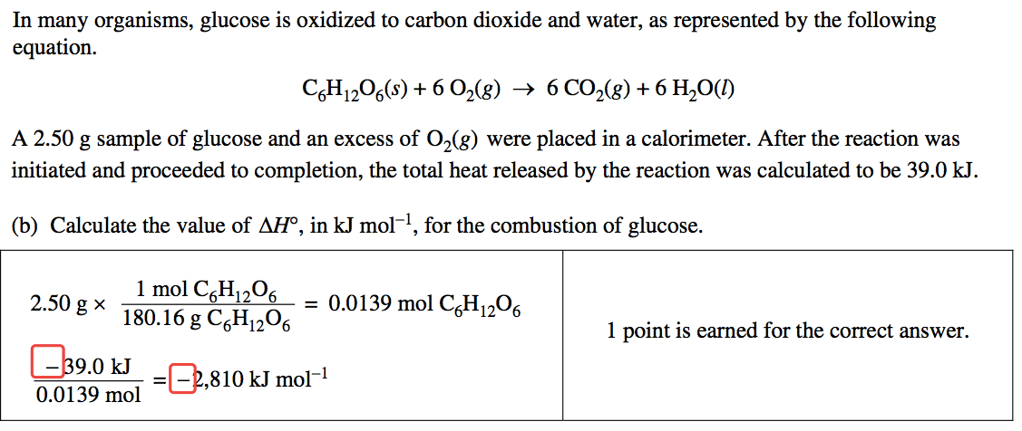 In many organisms, glucose is oxidized to carbon dioxide and water,
 as represented by the following equation. C6H1206(s) + 6 02(g) 6
 C02(g) + 6 H20(1) A 2.50 g sample of glucose and an excess of 02(g)
 were placed in a calorimeter. After the reaction was initiated and
 proceeded to completion, the total heat released by the reaction was
 calculated to be 39.0 kJ. (b) Calculate the value of AHO, in kJ mol-I,
 for the combustion of glucose. Im01CH O 6 12 6 2.50 g x 180.16 g
 C6H1206 Cb90kJ = 0.0139 mol C6H1206 1 point is earned for the correct
 answer. -(3,810 k.J mol-I 0.0139 mol 