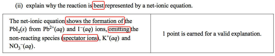 (ii) explain why the reaction isßé@represented by a net-ionic
 equation. The net-ionic Pb12(s) from Pb2+(aq) and 1-(aq) 1 point is
 earned for a valid explanation. non-reacting species K+(aq) and
 N03-(aq). 