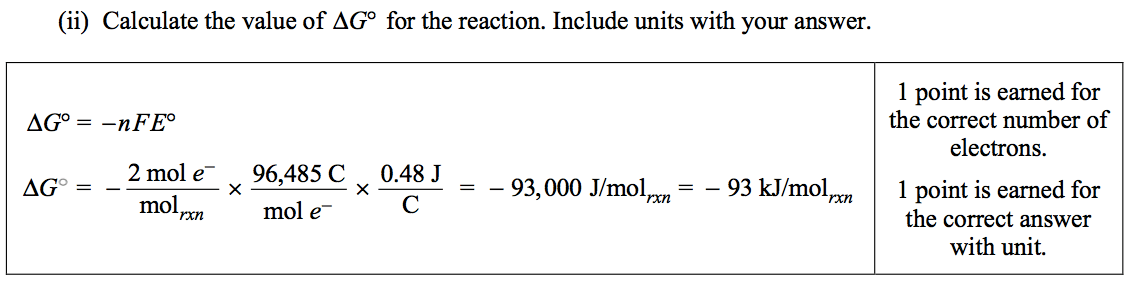 (ii) Calculate the value of AGO for the reaction. Include units with
 your answer. AGO -nFEO AG 2 mol e- mol 96,485C 0.48 J c mol e- - -
 93,000 J/mol„n - - 93 k.J/m01 1 point is earned for the correct number
 of electrons. 1 point is earned for the correct answer with unit.
 