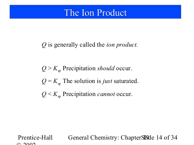 The Ion Product Q is generally called the ion product. Q > K
 Precipitation should occur. Q = K The solution is just saturated. Q <
 K Precipitation cannot occur. Prentice-Hali General Chemistry:
 ChapterSlfkle 14 of 34 