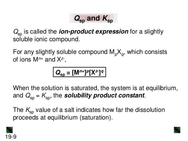 and K Qsp is called the ion-product expression for a slightly
 soluble ionic compound. For any slightly soluble compound MpXq, which
 consists of ions Mtl+ and V, When the solution is saturated, the
 system is at equilibrium, and Qsp = Ksp, the solubility product
 constant. The Ksp value of a salt indicates how far the dissolution
 proceeds at equilibrium (saturation). 19-9 