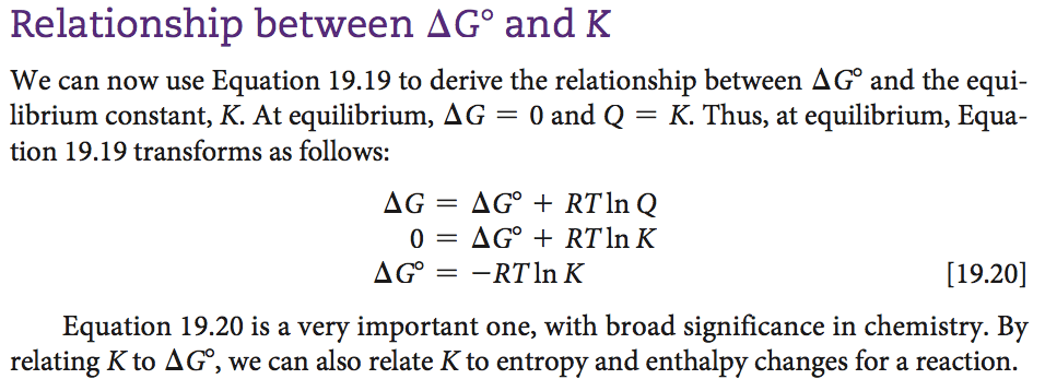 Relationship between AGO and K We can now use Equation 19.19 to
 derive the relationship between AGO and the equi- librium constant, K.
 At equilibrium, AG = 0 and Q = K. Thus, at equilibrium, Equa- tion
 19.19 transforms as follows: AG = AGO + RT1nQ O = AGO + RT1nK AGO =
 -RT1nK \[19.20\] Equation 19.20 is a very important one, with broad
 significance in chemistry. By relating K to AGO, we can also relate K
 to entropy and enthalpy changes for a reaction.
 