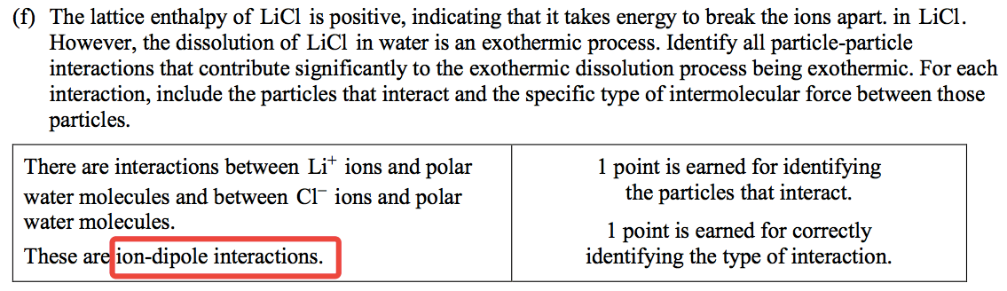 (f) The lattice enthalpy of LiCl is positive, indicating that it
 takes energy to break the ions apart. in LiCl. However, the
 dissolution of LiCl in water is an exothermic process. Identify all
 particle-particle interactions that contribute significantly to the
 exothermic dissolution process being exothermic. For each interaction,
 include the particles that interact and the specific type of
 intermolecular force between those particles. There are interactions
 between Li+ ions and polar water molecules and between Cl- ions and
 polar water molecules. These ar ion-dipole interactions. 1 point is
 earned for identifying the particles that interact. 1 point is earned
 for correctly identifying the type of interaction.
 
