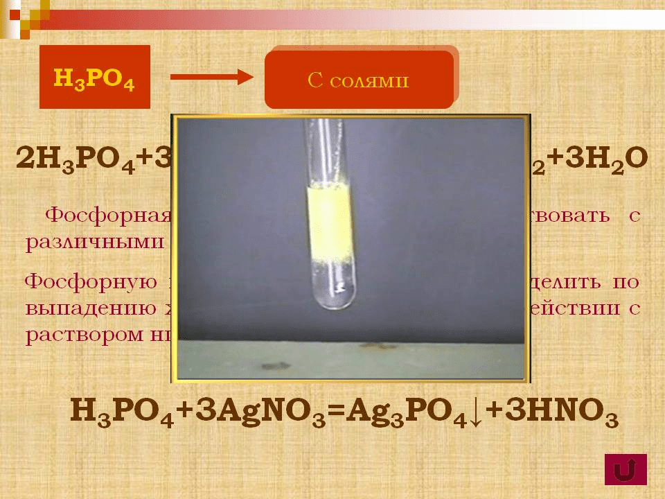 НзРО4 2НзРО4+ Фосфорн разлпчнымп Фосфорную выпадению раствором н С
солями 2+3Н2О вовать с ел11ть по H3P04+3AgN03=Ag3P04J+3HN03

