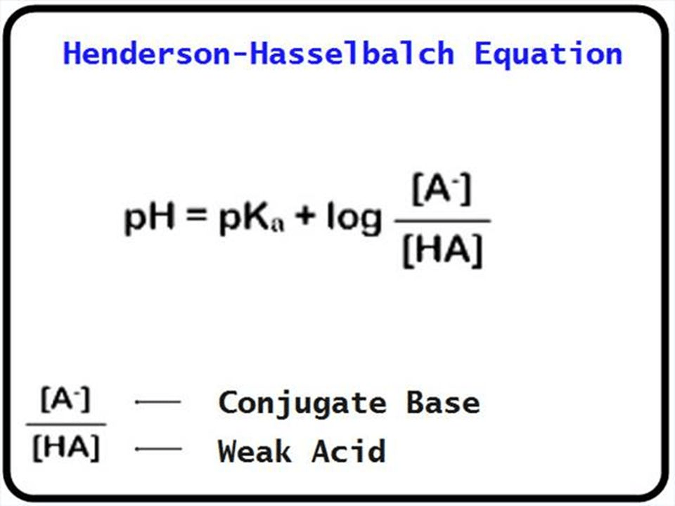 计算机生成了可选文字: Henderson-Hasselbalch Equation \[A \] pH = pKa + 《 og
 \[HAJ \[HA\] ConJ ugate Base Weak Acid 