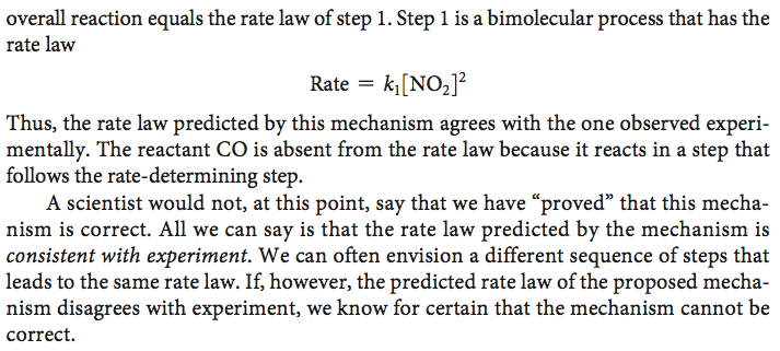 overall reaction equals the rate law of step 1. Step 1 is a
 bimolecular process that has the rate law Rate = Thus, the rate law
 predicted by this mechanism agrees with the one observed experi-
 mentally. The reactant CO is absent from the rate law because it
 reacts in a step that follows the rate-determining step. A scientist
 would not, at this point, say that we have "proved" that this mecha-
 nism is correct. All we can say is that the rate law predicted by the
 mechanism is consistent with experiment. We can often envision a
 different sequence of steps that leads to the same rate law. If,
 however, the predicted rate law of the proposed mecha- nism disagrees
 with experiment, we know for certain that the mechanism cannot be
 correct. 