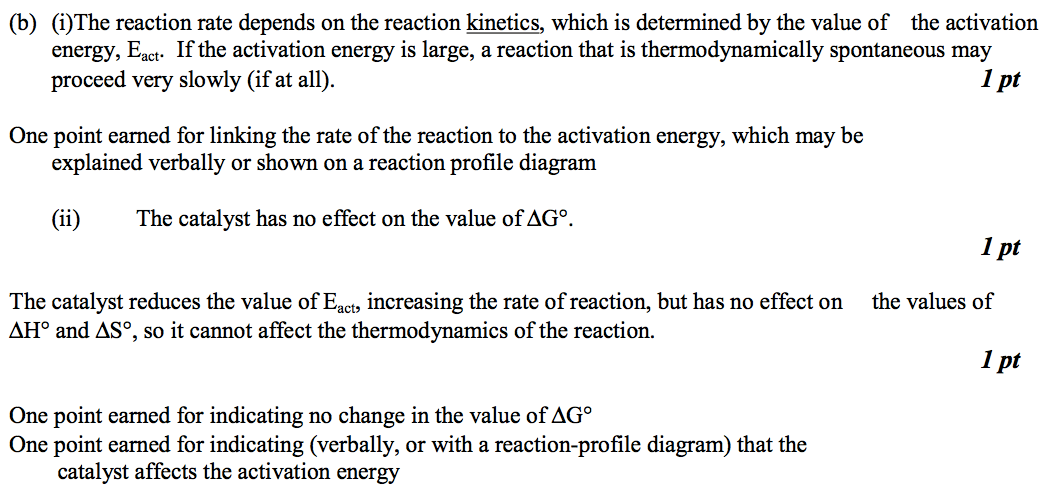 (b) (i)The reaction rate depends on the reaction kinetics which is
 determined by the value of the activation energy, Eact. If the
 activation energy is large, a reaction that is thermodynamically
 spontaneous may proceed very slowly (if at all). One point eamed for
 linking the rate of the reaction to the activation energy, which may
 be explained verbally or shown on a reaction profile diagram (ii) The
 catalyst has no effect on the value of AGO. The catalyst reduces the
 value of Eact, increasing the rate of reaction, but has no effect on
 AHO and ASO, so it cannot affect the thermodynamics of the reaction.
 One point eamed for indicating no change in the value of AGO One point
 eamed for indicating (verbally, or with a reaction-profile diagram)
 that the catalyst affects the activation energy 1 pt 1 pt the values
 of 1 pt 