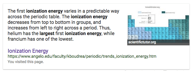The first ionization energy varies in a predictable way across the
periodic table. The ionization energy decreases from top to bottom in
groups, and increases from left to right across a period. Thus, helium
has the largest first ionization energy, while francium has one of the
lowest. Ionization Energy sciaüifictutor.org https://www.angelo.ed
u/faculty/kboudrea/ htm You visited this page. 