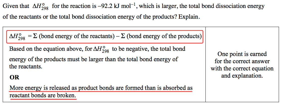 Given that M-12098 for the reaction is —92.2 kJ mol-I, which is
 larger, the total bond dissociation energy of the reactants or the
 total bond dissociation energy of the products? Explain. AH%8 E (bond
 energy of the reactants) — E (bond energy of the products) Based on
 the equation above, for Al-12098 to be negative, the total bond energy
 of the products must be larger than the total bond energy of the
 reactants. OR More energy is released as product bonds are formed than
 is absorbed as reactant bonds are broken. One point is earned for the
 correct answer with the correct equation and explanation.
 